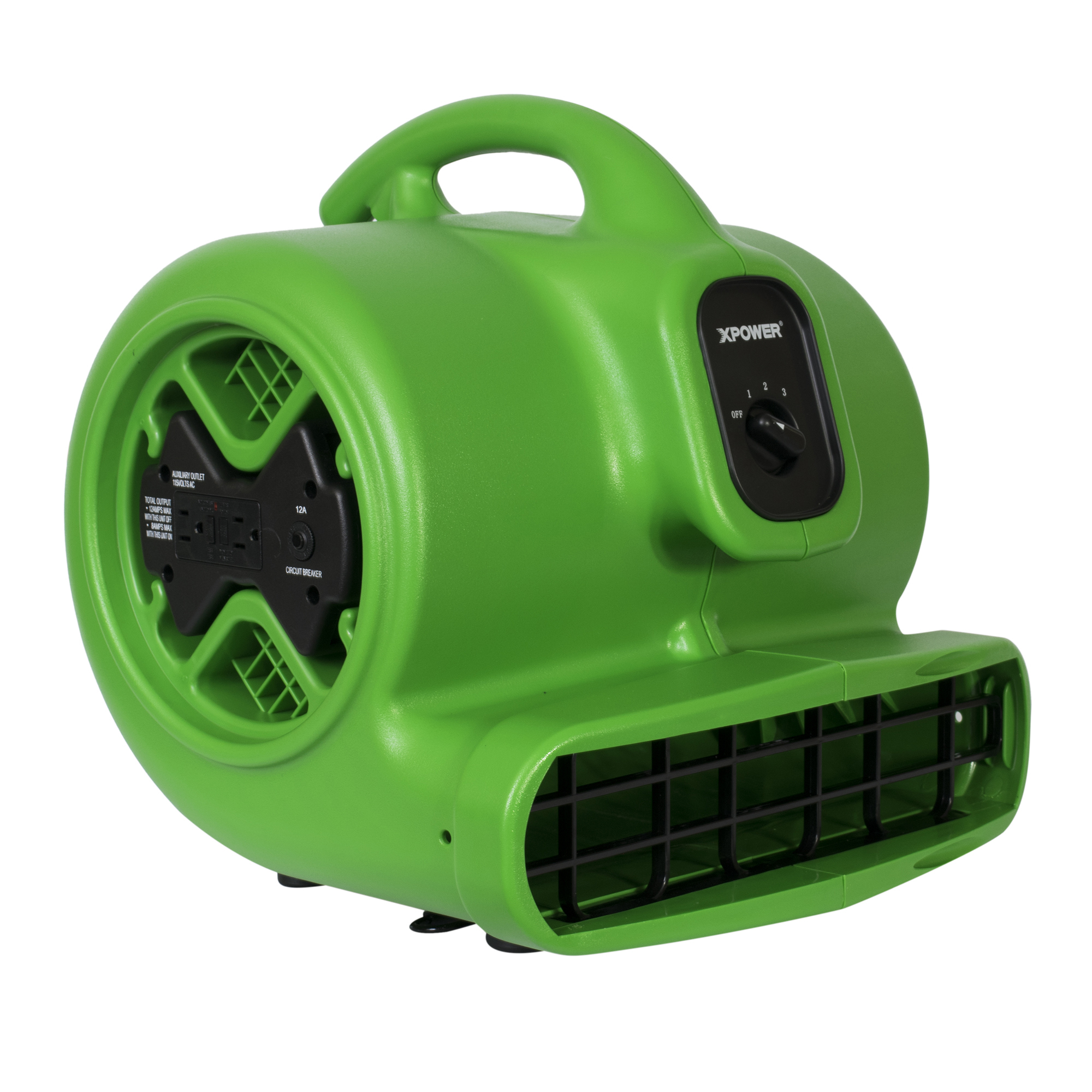 XPOWER, 1/3 HP 3 Speed Air Mover w/ GFCI Power Outlets, Fan Type Carpet Blowers, Fan Diameter 8.25 in, Air Delivery 2400 cfm, Model# X-600A-Green